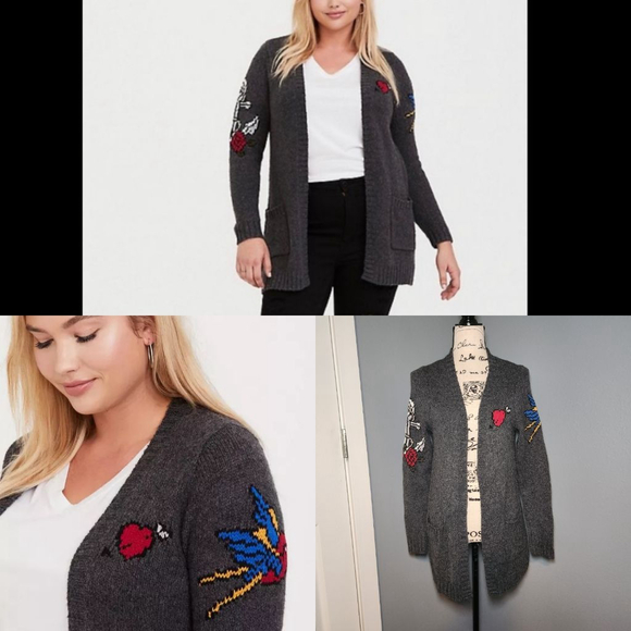 Torrid Tattoo Intarsia Art Open Front Cardigan - Picture 1 of 12
